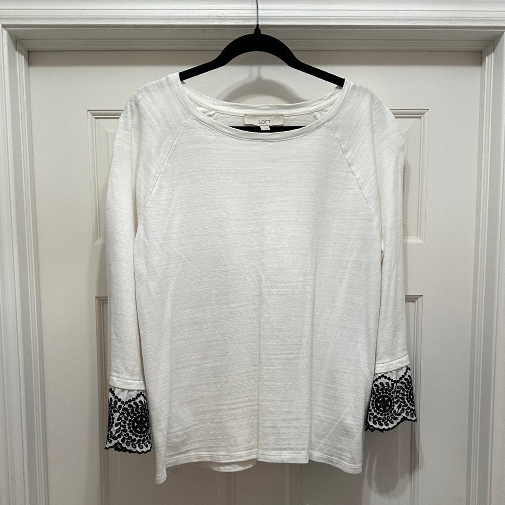 LOFT White Long Sleeve Top with Black Accents